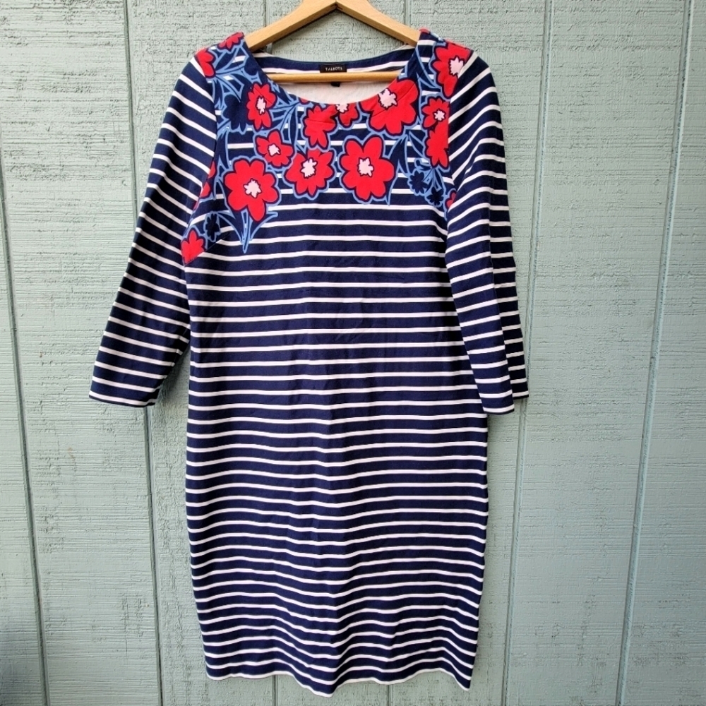 Talbots Cotton Striped Floral Red,White, and Blue Shift Dress size L